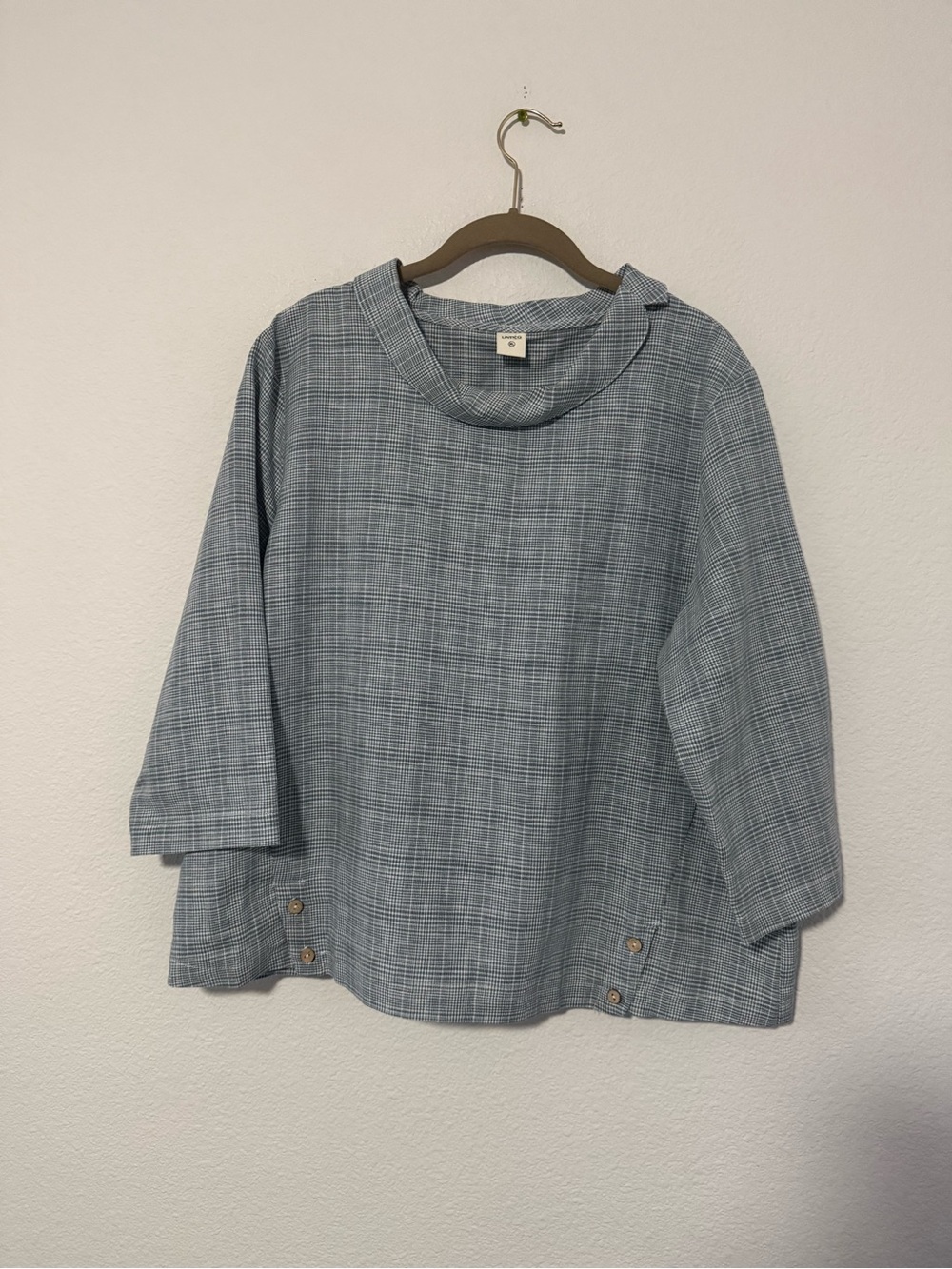 Relaxed Plaid Mock Neck Women’s Blouse - Light Blue